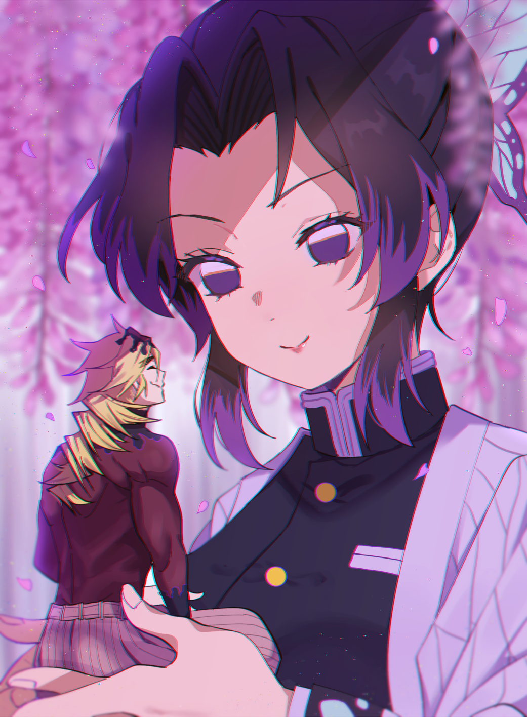 1boy 1girl animal_print assertive_female bangs belt black_hair blonde_hair blue_butterfly breasts brown_belt bug butterfly butterfly_hair_ornament butterfly_print closed_eyes closed_mouth commentary_request douma_(kimetsu_no_yaiba) flower forehead giant giantess hair_ornament hakama haori highres japanese_clothes kimetsu_no_yaiba kochou_shinobu long_hair miniboy nervous nervous_smile parted_bangs ponytail purple_butterfly purple_eyes red_sweater sellel size_difference smile smirk sweater toned toned_male white_hakama wisteria