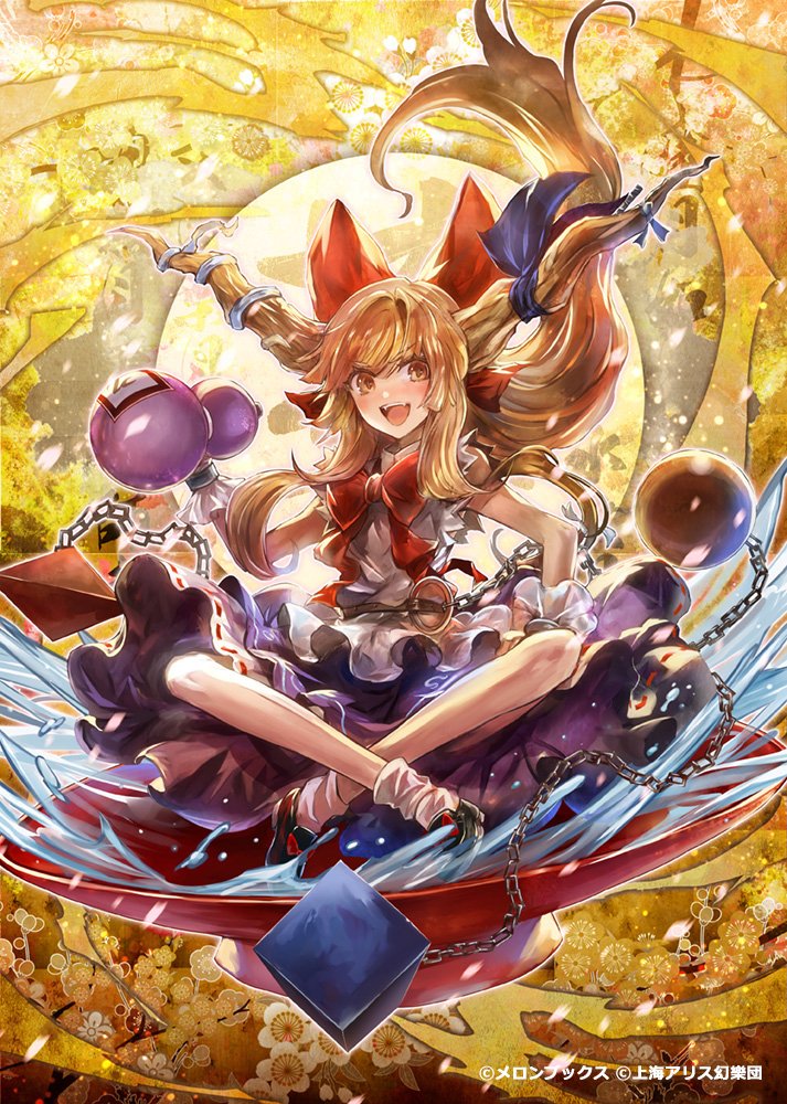 1girl :d arm_up bangs banned_artist bare_shoulders black_footwear blurry blush bottle bow bowtie brown_eyes brown_hair center_frills chain crossed_legs cube cuffs cup eyebrows_behind_hair fang footwear_bow frills gourd horn_bow horn_ornament horns ibuki_suika kozou_(soumuden) long_hair looking_at_viewer moon oni oni_horns open_mouth orb petals purple_bow purple_skirt red_bow red_bowtie sakazuki shackles shirt sidelocks skirt smile socks solo torn_clothes torn_sleeves touhou triangle white_legwear white_shirt