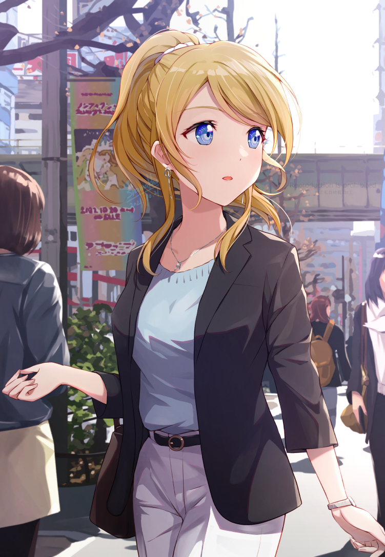 1girl ayase_eli bangs birthday black_jacket blazer blonde_hair blue_eyes breasts collarbone earrings hair_ribbon jacket jewelry long_hair looking_at_viewer love_live! love_live!_school_idol_project medium_breasts necklace open_mouth ponytail ribbon scrunchie shamakho shiny shiny_hair sidelocks solo watch white_scrunchie wristwatch