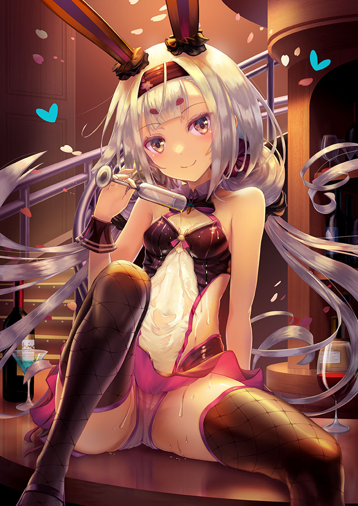 1girl azur_lane blush breasts cleavage commentary_request cup drinking_glass long_hair looking_at_viewer low_twintails playboy_bunny pouring_onto_self shimakaze_(azur_lane) shimakaze_(fastest_bunny's_invitation)_(azur_lane) silver_hair sitting small_breasts smile solo table tanaka_ken'ichi twintails wine_glass yellow_eyes