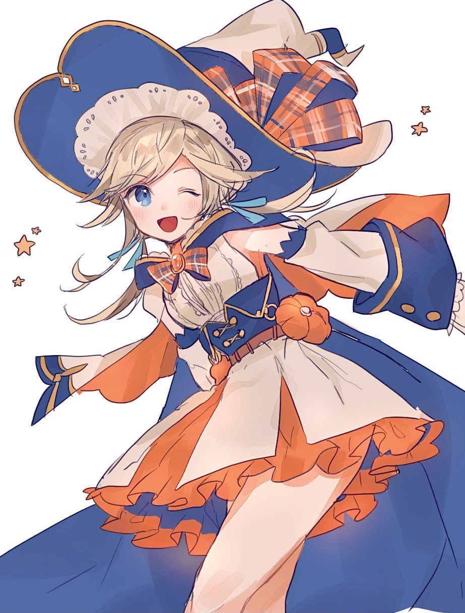 1girl belt blonde_hair blue_eyes blue_ribbon cape capelet commentary_request corset cucouroux_(granblue_fantasy) detached_sleeves dress frilled_dress frills granblue_fantasy hair_ribbon hat hat_ribbon highres leaning_forward long_hair official_alternate_costume one_eye_closed open_mouth pumpkin ribbon simple_background sleeveless sleeveless_dress solo star_(symbol) to_to_mura white_background white_dress white_headwear witch_hat