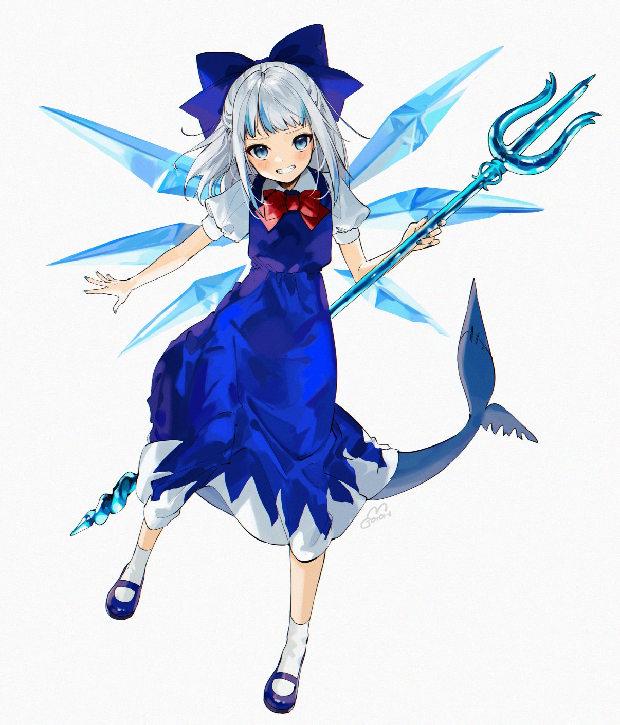 1girl alternate_costume bangs blue_bow blue_dress blue_hair blue_nails blush bow cirno cirno_(cosplay) collared_shirt commentary cosplay dress fish_tail full_body gawr_gura gotou_(nekocat) grin hair_bow highres holding holding_polearm holding_weapon hololive hololive_english looking_at_viewer mary_janes multicolored_hair nail_polish pinafore_dress polearm puffy_short_sleeves puffy_sleeves red_neckwear shark_tail shirt shoes short_hair short_sleeves signature simple_background smile socks solo tail touhou trident two-tone_hair virtual_youtuber weapon white_background white_hair white_legwear wing_collar