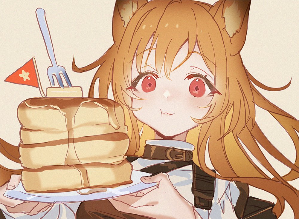 1girl :t animal_ears arknights awa_iro butter ceobe_(arknights) closed_mouth commentary diamond-shaped_pupils diamond_(shape) dog_ears eating eyebrows_visible_through_hair flag food grey_background holding holding_plate light_brown_hair long_hair looking_at_viewer pancake plate portrait red_eyes shirt simple_background smile solo stack_of_pancakes strap symbol-shaped_pupils syrup turtleneck white_shirt