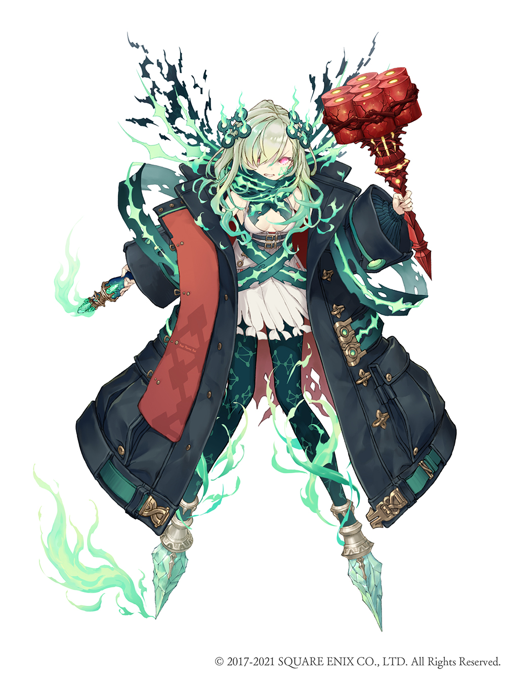 1girl alternate_hair_length alternate_hairstyle angry breasts clenched_teeth coat corruption crystal explosive full_body glowing glowing_eyes green_hair grenade hair_over_one_eye highres ji_no little_match_girl_(sinoalice) long_hair looking_at_viewer molotov_cocktail no_feet official_art oversized_clothes red_eyes scarf scowl sinoalice small_breasts solo square_enix tattoo teeth torn_clothes white_background