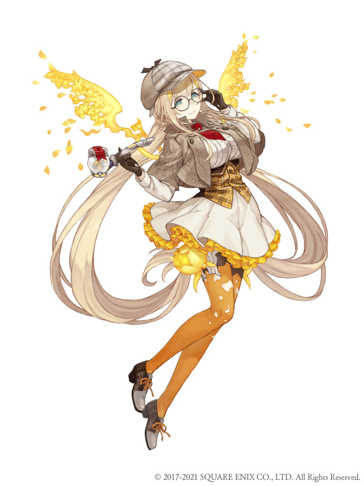 1girl absurdly_long_hair adjusting_eyewear aqua_eyes ascot blonde_hair breasts brown_gloves capelet corset detective dress flower frilled_dress frills full_body gloves hat ji_no large_breasts long_hair looking_at_viewer low_twintails official_art petals pipe rapunzel_(sinoalice) round_eyewear shoes sinoalice smile solo square_enix twintails very_long_hair white_background