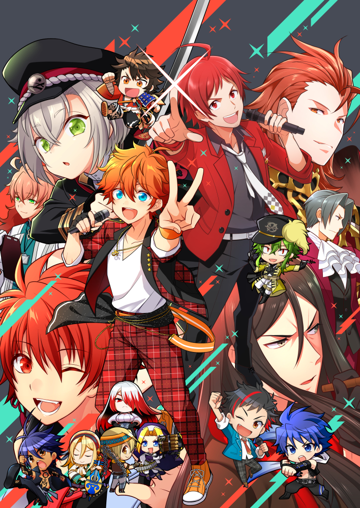 6+boys :d ace_attorney ahoge akehoshi_subaru ascot bangs belt black_gloves black_hair black_headwear black_pants blue_eyes blue_hair brown_eyes character_request chibi clipboard closed_eyes copyright_request crossover cutlery_(senjuushi) ensemble_stars! fate/grand_order fate_(series) gloves granblue_fantasy grey_hair hairband hat headband holding holding_clipboard holding_microphone hotarumaru idolmaster idolmaster_side-m ittoki_otoya jacket long_hair looking_at_viewer lord_el-melloi_ii lord_el-melloi_ii_case_files male_focus megido72 messy_hair microphone miles_edgeworth multicolored_hair multiple_boys multiple_crossover mutsu-no-kami_yoshiyuki nagumo_tetora necktie orange_footwear orange_hair pants parted_bangs percival_(granblue_fantasy) plaid plaid_jacket plaid_pants red_eyes red_hair red_jacket red_pants romani_archaman senjuushi:_the_thousand_noble_musketeers senjuushi_(series) shatou_(c-com) shirt shoes single_glove smile spiked_hair streaked_hair taiga_takeru tan tendou_teru touken_ranbu two-tone_hair uta_no_prince-sama v waver_velvet white_hair white_shirt