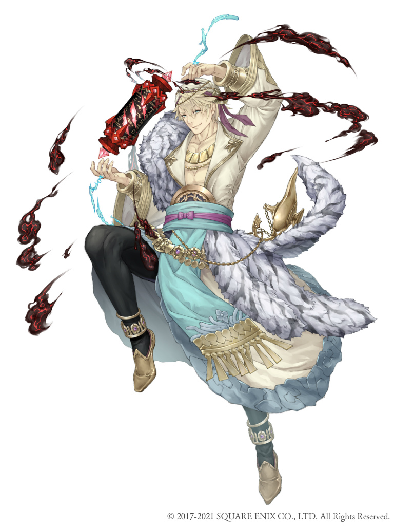 1boy aladdin_(sinoalice) anklet blonde_hair blue_eyes bracer chain collarbone eyebrows_visible_through_hair full_body fur_trim gold_trim jewelry ji_no looking_at_viewer male_focus necklace official_art oil_lamp sash scroll sinoalice smoke solo square_enix white_background