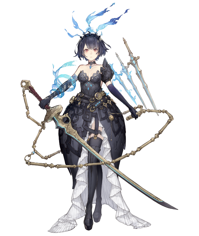 1girl alice_(sinoalice) black_dress boots breasts chain choker crossed_legs dark_blue_hair dress elbow_gloves eyebrows_visible_through_hair floating floating_object floating_sword floating_weapon full_body gloves hairband holding holding_sword holding_weapon ji_no looking_at_viewer medium_breasts official_art red_eyes short_hair single_elbow_glove sinoalice solo sword tattoo thigh_boots thighhighs transparent_background watson_cross weapon