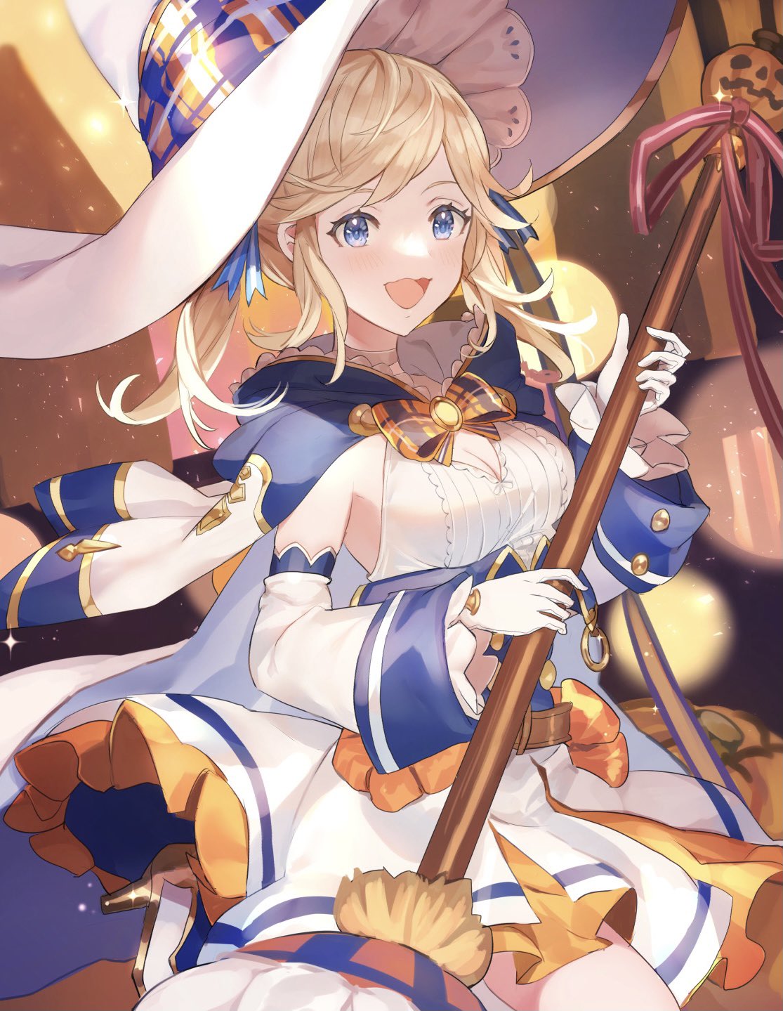 1girl belt blonde_hair blue_eyes blue_ribbon blush breasts broom cape capelet choker cleavage cleavage_cutout clothing_cutout commentary_request corset cucouroux_(granblue_fantasy) detached_sleeves dress gloves granblue_fantasy hair_ribbon hat highres holding holding_broom jack-o'-lantern kneeling looking_at_viewer medium_breasts medium_hair official_alternate_costume open_mouth pumpkin red_ribbon ribbon shiromimin sidelocks smile solo sparkle white_dress white_gloves white_headwear witch_hat