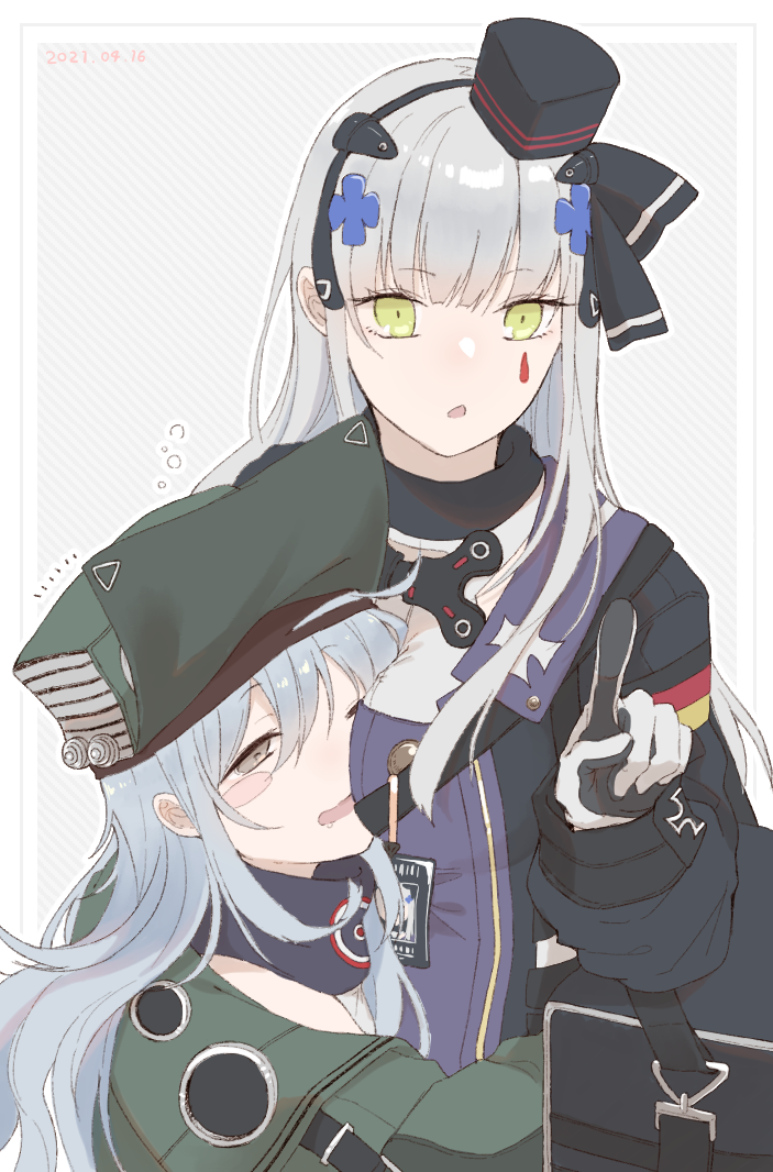 2girls bag bangs blush breasts crossed_bangs dated eyebrows_visible_through_hair face_to_breasts feet_out_of_frame g11_(girls'_frontline) german_flag girls'_frontline gloves green_eyes green_headwear grey_eyes hair_ribbon hat headphones hk416_(girls'_frontline) holding holding_bag hug index_finger_raised light_blue_hair long_hair looking_at_viewer looking_up medium_breasts mini_hat multiple_girls open_mouth purple_scarf rabb_horn ribbon scarf silver_hair simple_background standing tactical_clothes teardrop teardrop_facial_mark teardrop_tattoo uniform upper_body white_gloves