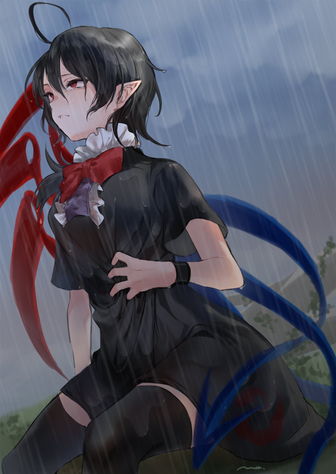 1girl :/ ahoge asymmetrical_wings bangs black_dress black_hair black_legwear blue_wings blush bow bowtie breasts buttons center_frills clothes_grab cloud cloudy_sky dress footwear_bow frilled_dress frills full_body hair_between_eyes highres houjuu_nue looking_to_the_side makita_(vector1525) medium_breasts pointy_ears rain red_bow red_bowtie red_eyes red_footwear red_wings short_dress short_hair short_sleeves sitting sky thighhighs touhou wet wet_clothes wet_hair wings wristband zettai_ryouiki