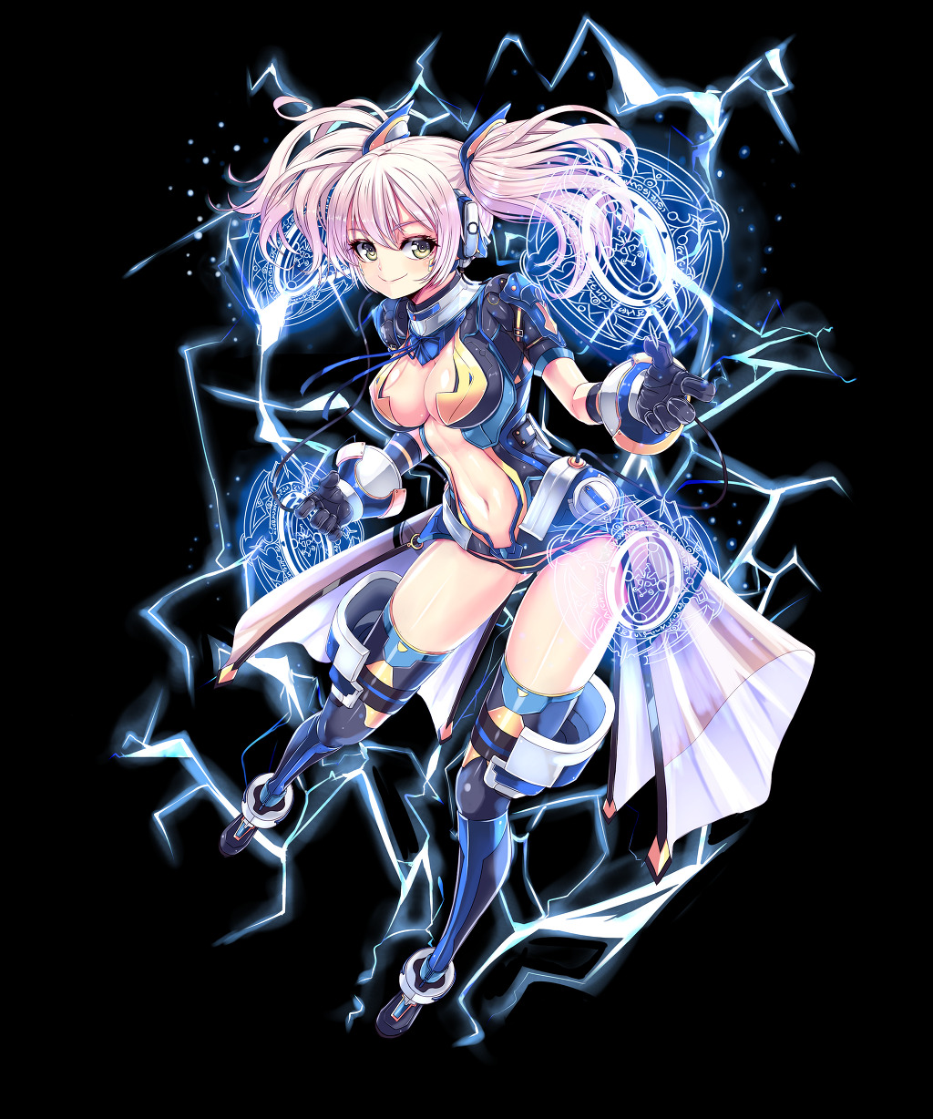 1girl black_background black_gloves black_legwear breasts cleavage full_body gloves headset highres iggy_(soccer_spirits) looking_at_viewer magic_circle medium_breasts navel official_art pink_hair reason_(ficafe) smile soccer_spirits solo standing transparent_background twintails yellow_eyes