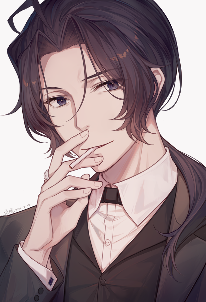 1boy ahoge ayuanlv bangs black_hair black_jacket black_vest blue_eyes cigarette collared_shirt commentary_request dated dress_shirt formal grey_background hair_between_eyes hair_over_shoulder hand_up jacket long_hair looking_at_viewer low_ponytail male_focus mouth_hold parted_bangs parted_lips ponytail sherlock_holmes_(yuukoku_no_moriarty) shirt signature simple_background solo suit upper_body vest white_shirt yuukoku_no_moriarty