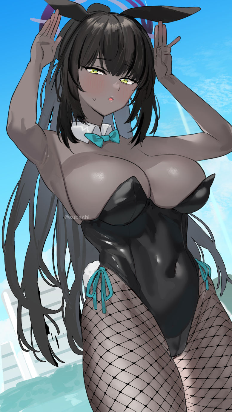 1girl animal_ears armpits bangs bare_shoulders black_hair black_leotard blue_archive blue_bow blue_sky bow breasts building cleavage closed_mouth commentary_request cowboy_shot dark-skinned_female dark_skin detached_collar dutch_angle fishnet_legwear fishnets gloves grass high_ponytail highres jewelry karin_(blue_archive) large_breasts leotard long_hair looking_at_viewer playboy_bunny rabbit_ears rabbit_tail sidelocks sky subachi tail very_long_hair white_gloves wrist_cuffs yellow_eyes