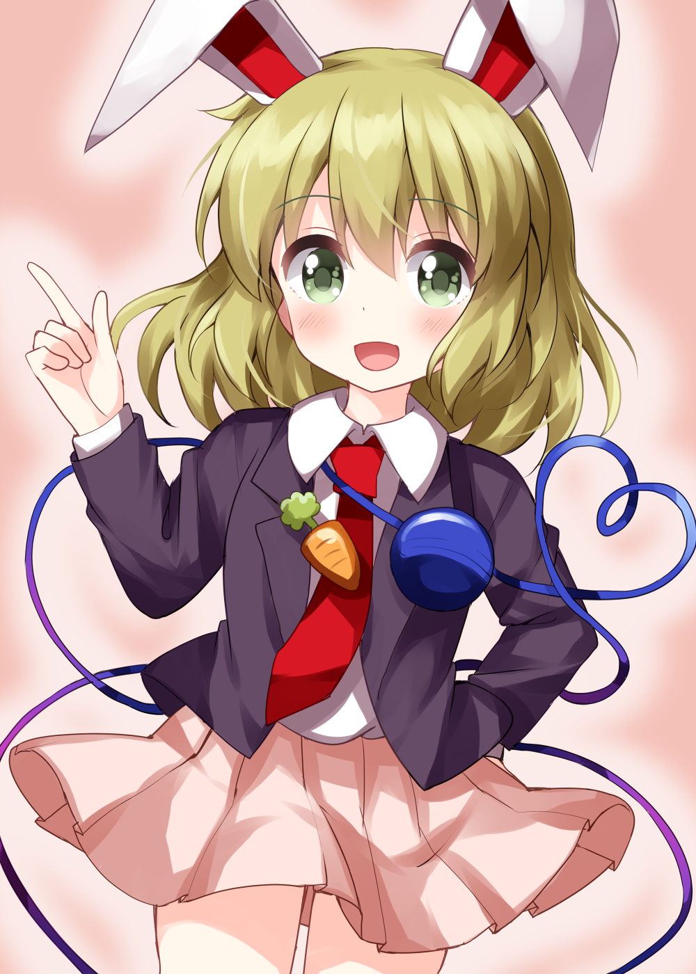 1girl animal_ears bangs black_jacket black_sleeves blonde_hair blush breasts carrot collar collared_shirt commentary_request cosplay eyebrows_visible_through_hair green_eyes hair_between_eyes hand_on_hip hand_up highres jacket komeiji_koishi long_sleeves looking_at_viewer medium_breasts necktie one-hour_drawing_challenge open_clothes open_jacket open_mouth pink_background pink_skirt pointing rabbit_ears red_necktie reisen_udongein_inaba reisen_udongein_inaba_(cosplay) ruu_(tksymkw) shirt short_hair simple_background skirt smile solo standing third_eye touhou white_shirt white_sleeves