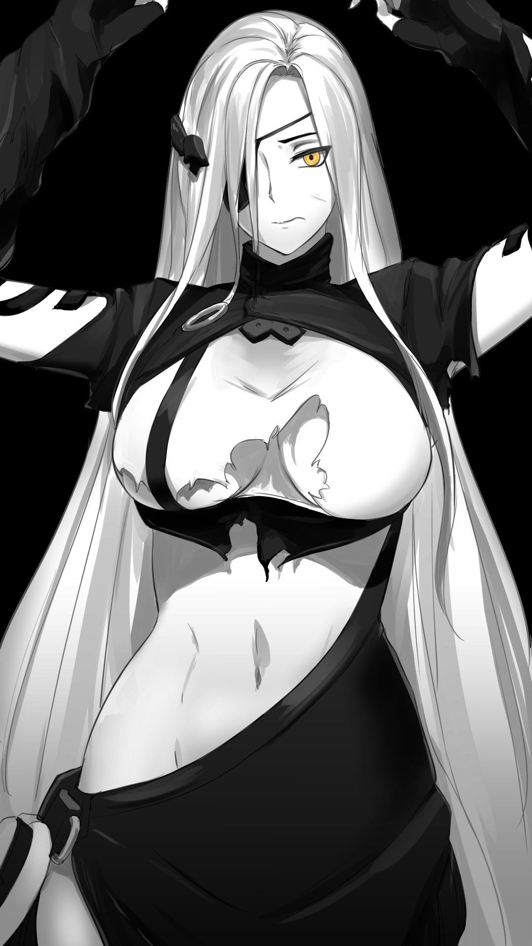 1girl alchemist_(girls'_frontline) arms_up breasts cleavage commentary cowboy_shot dress eyepatch eyes_visible_through_hair frown girls'_frontline greyscale hair_over_one_eye headgear highres large_breasts long_hair looking_at_viewer midriff monochrome navel sanderson sangvis_ferri solo spot_color torn_clothes torn_dress very_long_hair white_hair yellow_eyes