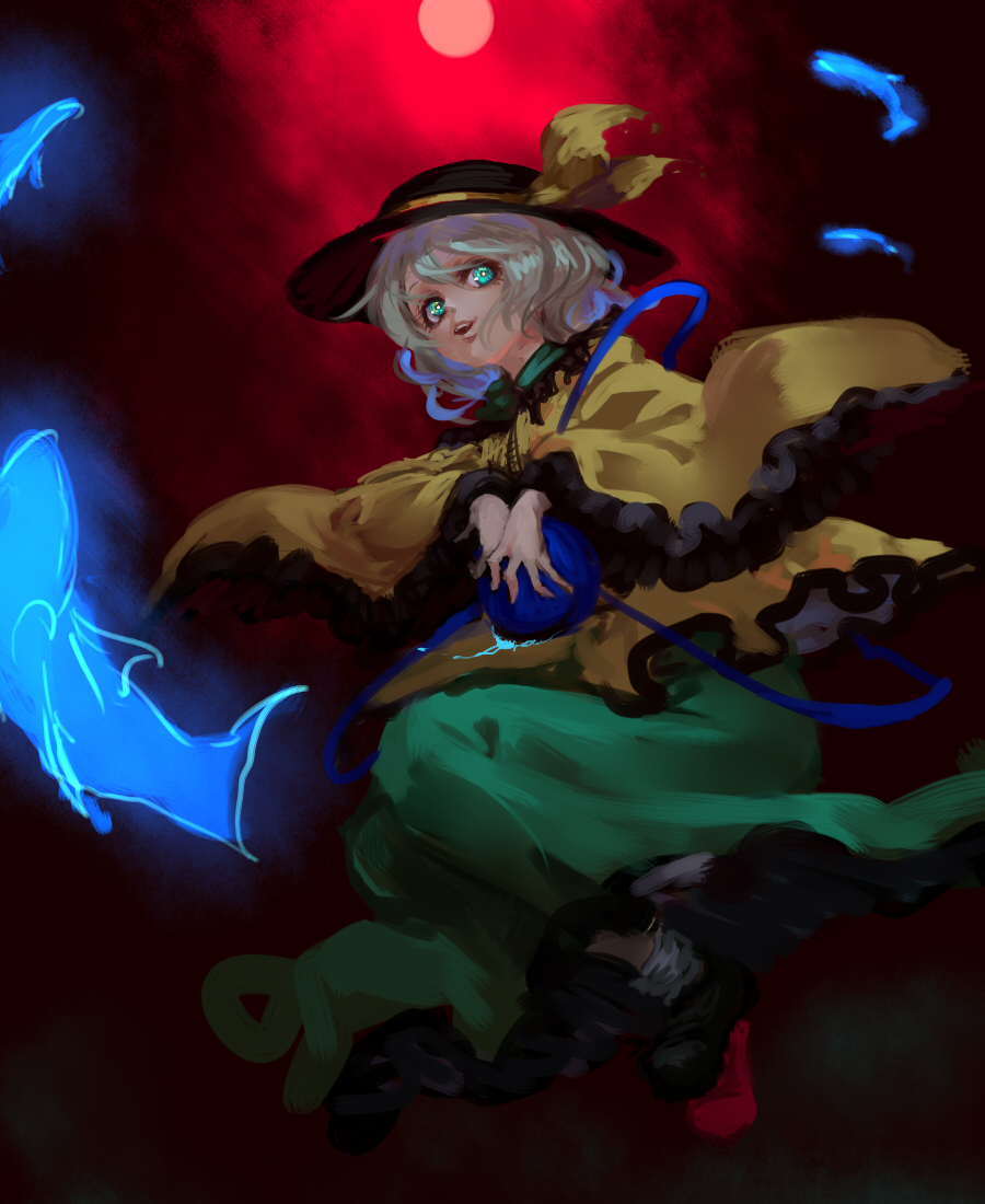 1girl black_footwear black_headwear blouse bow green_eyes green_hair green_skirt hat hat_bow inishie_kumo komeiji_koishi long_skirt long_sleeves looking_at_viewer medium_hair red_background shoes skirt smile solo touhou yellow_blouse yellow_bow