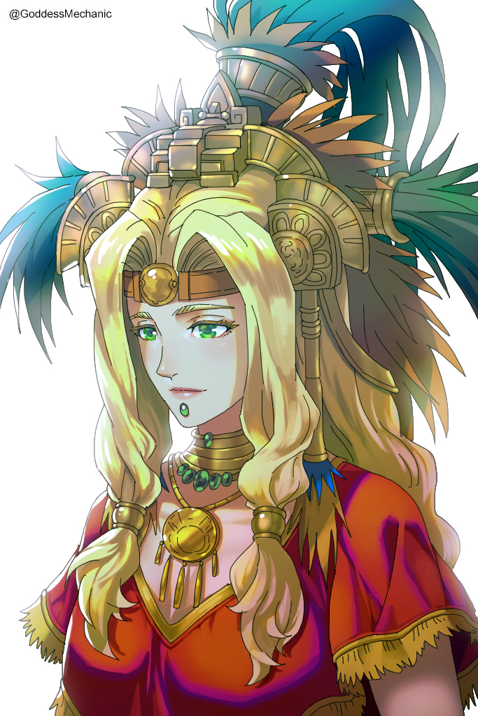 1girl aztec blonde_hair breasts chin_piercing commentary_request fate/grand_order fate_(series) gem gem_on_head green_eyes headband headdress kim_yura_(goddess_mechanic) lipgloss medium_breasts poncho quetzalcoatl_(fate) sidelocks solo twitter_username upper_body