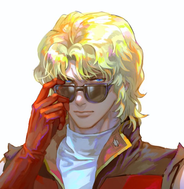 1boy blonde_hair blue_eyes char_aznable commentary_request gloves gundam kim_yura_(goddess_mechanic) male_focus portrait quattro_vageena red_gloves scar scar_on_face solo sunglasses turtleneck zeta_gundam