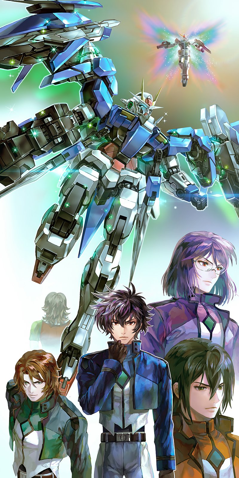 00_gundam 00_raiser 0_gundam 5boys allelujah_haptism black_hair blue_jacket brown_gloves brown_hair celestial_being_uniform dual_wielding glasses gloves green_eyes gun gundam gundam_00 highres holding jacket kim_yura_(goddess_mechanic) lockon_stratos lyle_dylandy mecha medium_hair multiple_boys neil_dylandy purple_hair red_eyes setsuna_f._seiei tieria_erde weapon yellow_eyes