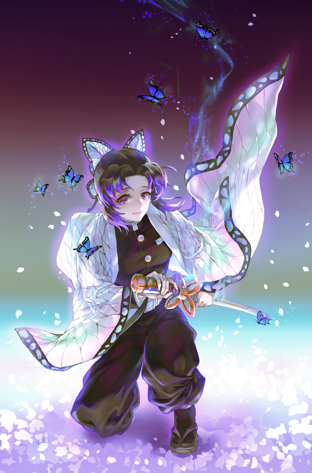 1girl breasts bug butterfly butterfly_hair_ornament cloak commentary_request flower_bed full_body hair_ornament haori highres japanese_clothes katana kim_yura_(goddess_mechanic) kimetsu_no_yaiba kochou_shinobu medium_breasts one_knee purple_eyes purple_hair smile solo sword uniform weapon