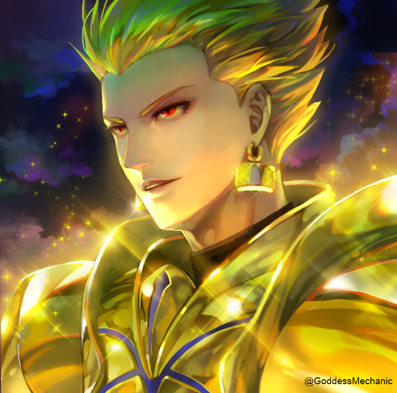 1boy armor blonde_hair commentary_request earrings fate/stay_night fate_(series) gilgamesh_(fate) gold_armor jewelry kim_yura_(goddess_mechanic) male_focus portrait red_eyes shiny solo sparkle twitter_username