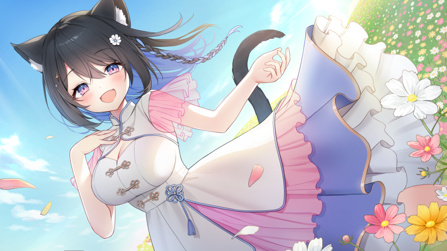 1girl :d animal_ear_fluff animal_ears badge black_hair blue_hair braid breasts cat_ears cat_tail colored_inner_hair dress eyebrows_visible_through_hair flower hair_flower hair_ornament happy hoshina_suzu large_breasts medium_hair multicolored_clothes multicolored_dress multicolored_hair open_mouth petals pink_flower purple_eyes short_sleeves smile solo tail toma_(norishio) virtual_youtuber wactor_production white_dress white_flower wind yellow_flower