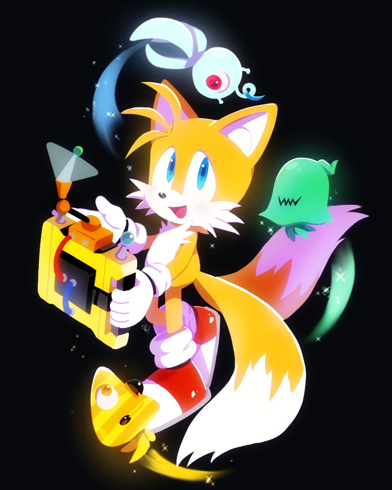 1boy animal_nose black_background blue_eyes body_fur creature fox_boy full_body furry furry_male gloves holding male_focus misuta710 multiple_tails shoes simple_background sonic_(series) sonic_colors standing tail tails_(sonic) two_tails white_gloves wisp_(sonic)