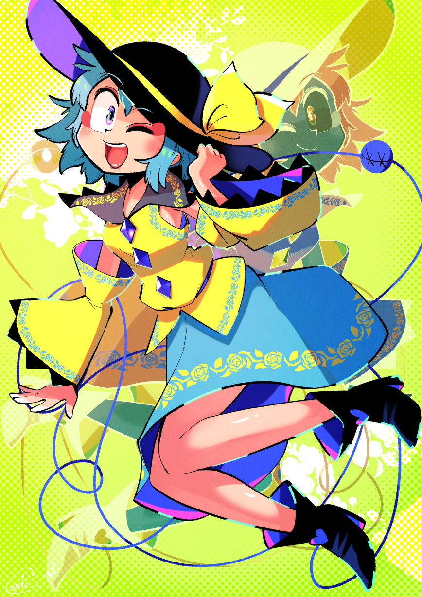 1girl \||/ adapted_costume aqua_hair aqua_skirt black_footwear black_headwear blue_eyes boots carte commentary detached_sleeves eyeshadow floral_print full_body green_background hand_on_headwear hand_up hat hat_ribbon heart high_heel_boots high_heels highres komeiji_koishi long_sleeves looking_at_viewer makeup medium_hair negative one_eye_closed open_mouth red_eyeshadow ribbon rose_print shirt skirt smile solo symbol-only_commentary teeth third_eye touhou upper_teeth wide_sleeves yellow_ribbon yellow_shirt