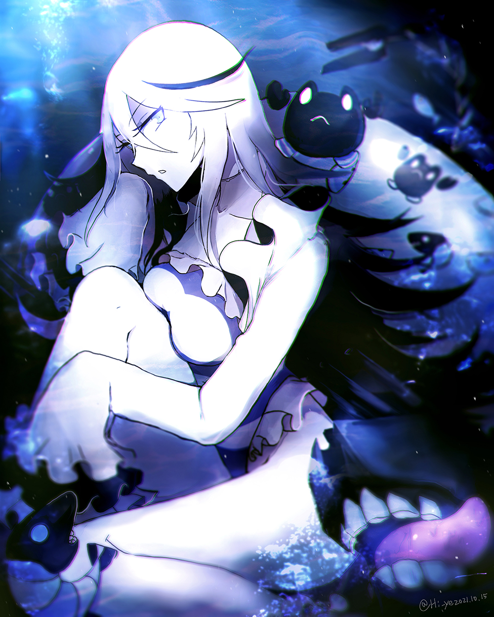 1girl abyssal_mediterranean_princess abyssal_ship black_hair breasts colored_skin hi_ye highres kantai_collection light_blue_eyes long_hair medium_breasts multicolored_hair sleeves_past_fingers sleeves_past_wrists solo streaked_hair very_long_sleeves white_hair white_skin