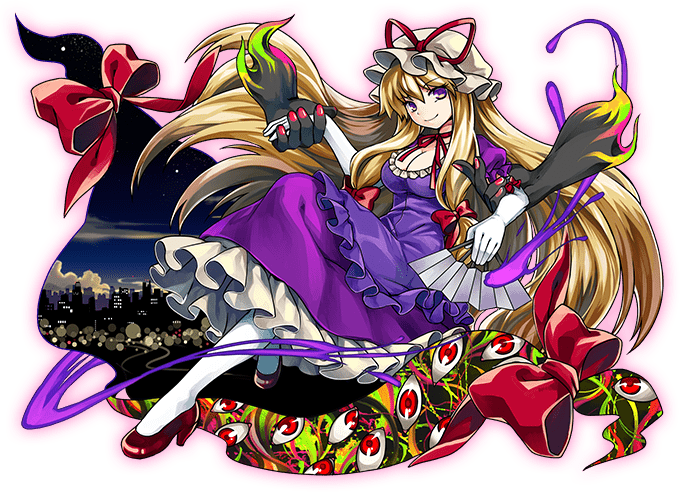 1girl alpha_transparency bangs blonde_hair bow breasts choker city_lights cleavage disembodied_limb dithering dress elbow_gloves eyebrows_visible_through_hair floating_hair frilled_dress frills full_body game_cg gap_(touhou) gloves hair_between_eyes hair_bow hand_fan hat hat_ribbon holding holding_fan layered_dress long_hair looking_at_viewer mob_cap night puffy_sleeves purple_dress purple_eyes red_footwear red_ribbon ribbon ribbon_choker shoes short_sleeves sidelocks skyline smile socha solo touhou touhou_danmaku_kagura transparent_background very_long_hair white_gloves white_headwear white_legwear yakumo_yukari