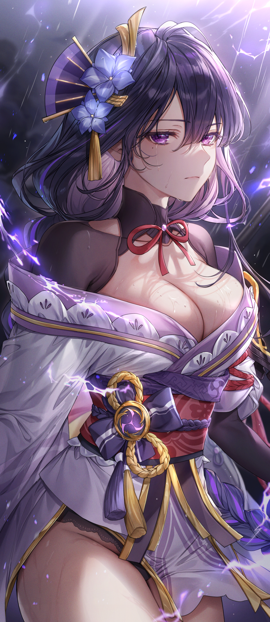 1girl bangs bare_shoulders braid braided_ponytail breasts cleavage detached_collar genshin_impact hair_ornament highres japanese_clothes kimono large_breasts long_hair long_sleeves looking_at_viewer mole mole_under_eye obi off_shoulder pillo purple_eyes purple_hair purple_kimono raiden_shogun sash shrug_(clothing) thighs wide_sleeves
