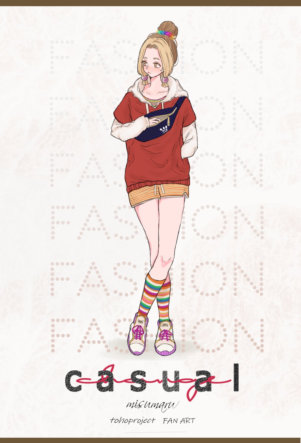 1girl :| alternate_costume bag bangs blonde_hair casual character_name closed_mouth collarbone english_text full_body hair_ornament hair_scrunchie hand_in_pocket highres hood hoodie knees layered_shirt long_sleeves looking_to_the_side multicolored_clothes multicolored_legwear multicolored_scrunchie oi_yoi_0 red_hoodie scrunchie shirt shoes short_shorts shorts sneakers socks solo standing tamatsukuri_misumaru thighs tied_hair touhou white_background white_footwear white_shirt yellow_eyes yellow_shorts