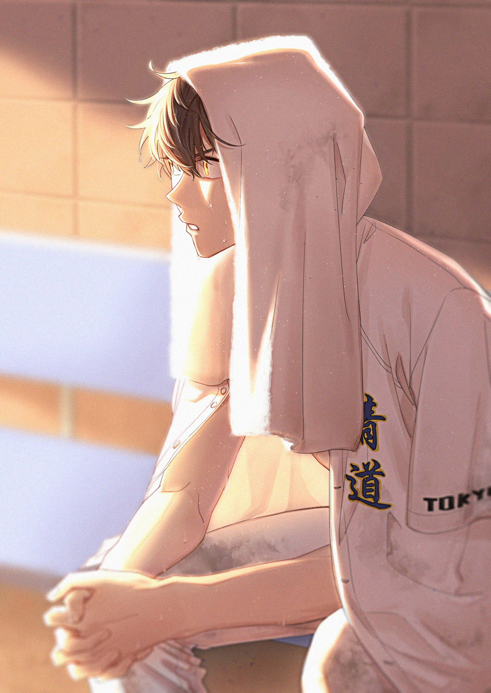 1boy ace_of_diamond baseball_jersey baseball_uniform brown_eyes brown_hair clothes_on_shoulders clothes_removed day highres lack_o male_focus own_hands_together pants parted_lips sawamura_eijun short_hair sitting sportswear sunlight sweat towel towel_on_head white_pants