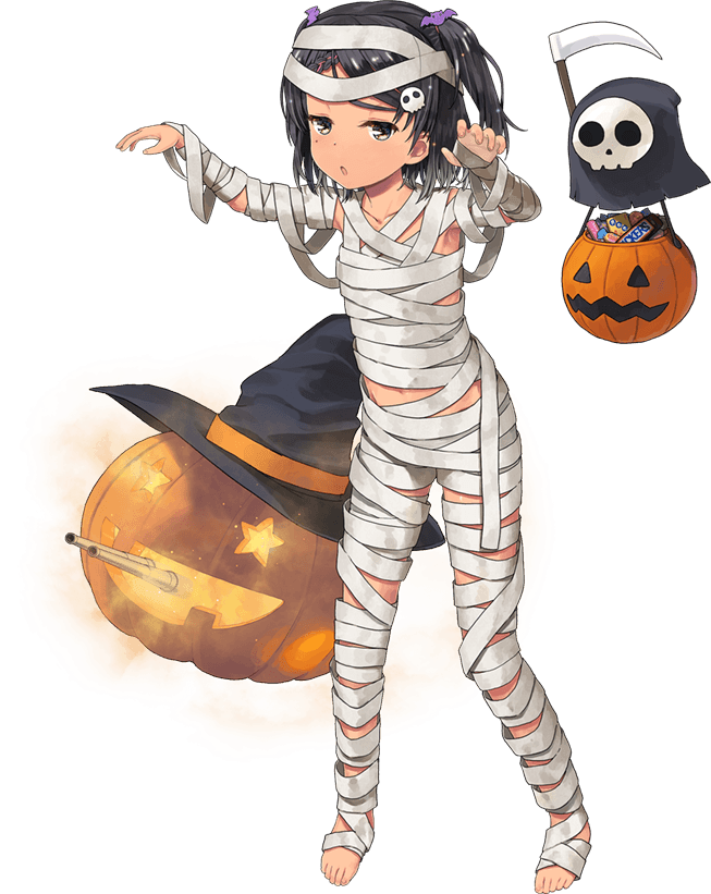 1girl bandages barefoot black_eyes black_hair braid candy chocolate food full_body ghost grey_eyes hair_ornament halloween halloween_costume jack-o'-lantern jiji kantai_collection mole mole_under_eye mummy mummy_costume naked_bandage official_art open_mouth scirocco_(kancolle) short_hair skull_hair_ornament solo tan transparent_background turret two_side_up
