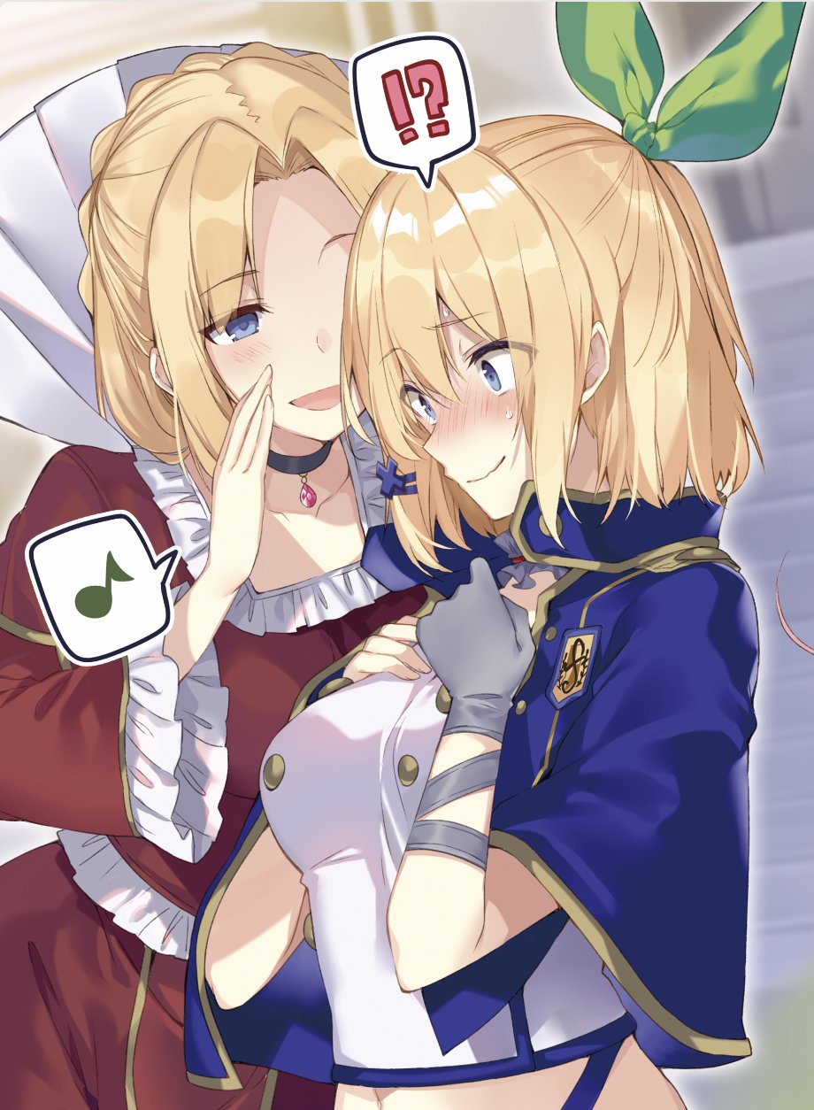 !? 2girls :d alzano_school_uniform bangs blonde_hair blue_capelet blue_eyes blurry blurry_background blush braid breasts capelet character_request choker collarbone commentary_request crop_top eighth_note embarrassed eyebrows_visible_through_hair forehead french_braid frilled_sleeves frills gloves green_ribbon grey_gloves hair_ornament hair_ribbon hand_up hands_on_own_chest highres jewelry leaning_forward long_hair long_sleeves looking_at_another looking_away medium_breasts medium_hair mishima_kurone mother_and_daughter multiple_girls musical_note navel nose_blush novel_illustration official_art open_mouth ponytail ribbon rokudenashi_majutsu_koushi_to_akashic_record rumia_tingel school_uniform shiny shiny_hair sidelocks single_glove smile speech_bubble spoken_musical_note sweatdrop textless upper_body wavy_mouth whispering x_hair_ornament