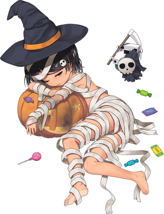 1girl bandages black_eyes black_hair braid candy food full_body ghost halloween halloween_costume jack-o'-lantern jiji kantai_collection mole mole_under_eye mummy mummy_costume naked_bandage official_art scirocco_(kancolle) short_hair tan transparent_background two_side_up