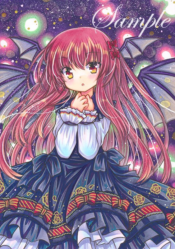 1girl :o bangs bat_wings black_bow black_dress bow dot_nose dress eyebrows_visible_through_hair feet_out_of_frame fireflies floral_print frilled_shirt_collar frills hair_bow hands_on_own_chest head_wings koakuma lace-trimmed_ribbon lace_trim layered_dress long_dress long_hair long_sleeves looking_at_viewer marker_(medium) own_hands_together red_bow red_eyes red_hair red_ribbon ribbon ribbon-trimmed_dress rose_print rui_(sugar3) sample solo striped striped_ribbon touhou traditional_media very_long_hair watermark white_sleeves wings