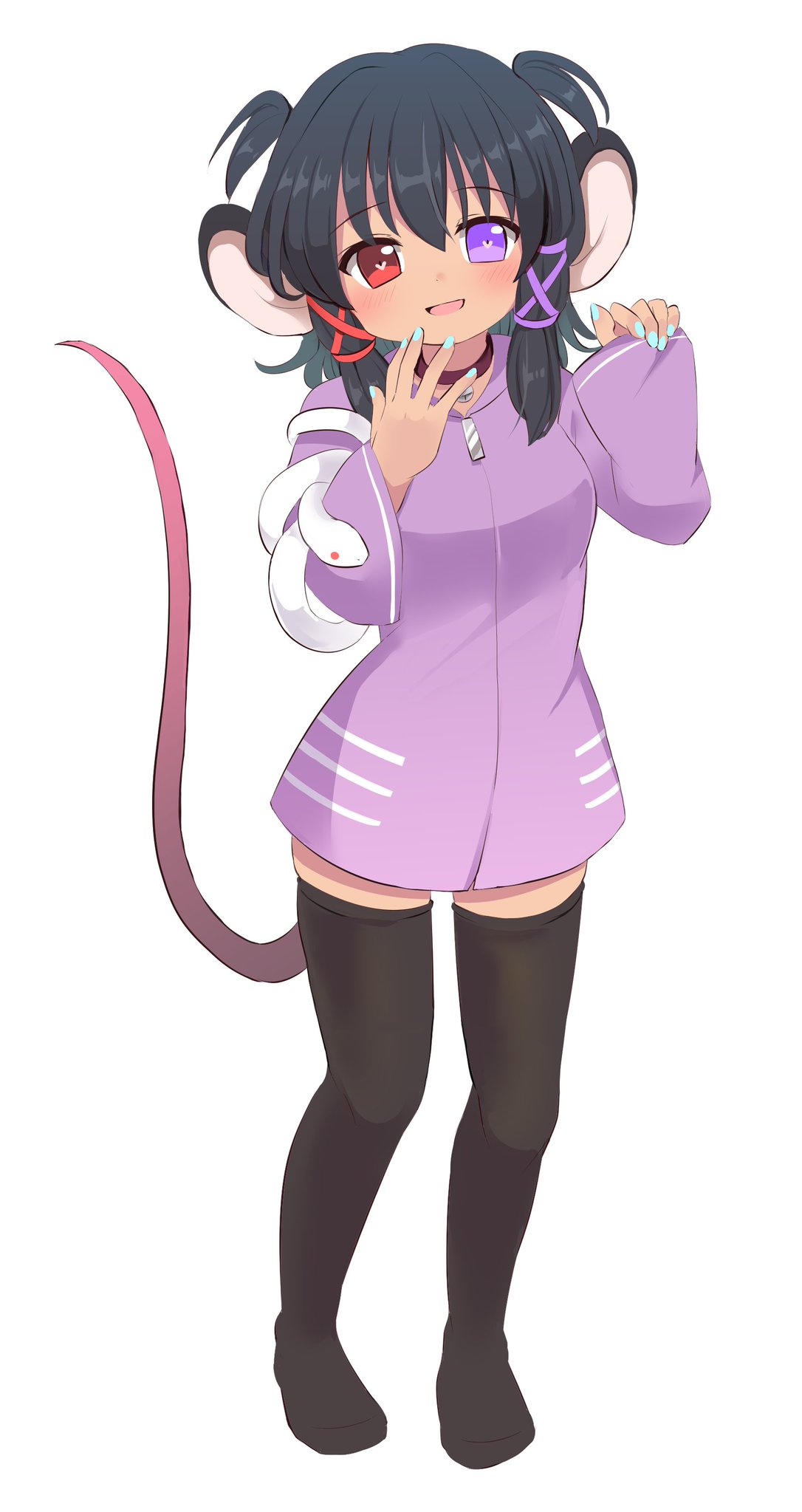 1girl animal_ears bell black_hair black_legwear blush collar dark-skinned_female dark_skin english_commentary full_body hands_up heart heart_in_eye heterochromia highres hood hoodie indie_virtual_youtuber jacket long_sleeves looking_at_viewer medium_hair misha_(yomedani_kumiko) mouse_ears mouse_tail nail_polish neck_bell no_shoes open_mouth purple_eyes purple_jacket ramudia_(lamyun) rat_snake red_eyes second-party_source simple_background skindentation sleeves_past_wrists smile snake standing symbol_in_eye tail thighhighs twintails two_side_up virtual_youtuber white_background white_snake wide_sleeves yomedani_kumiko zettai_ryouiki