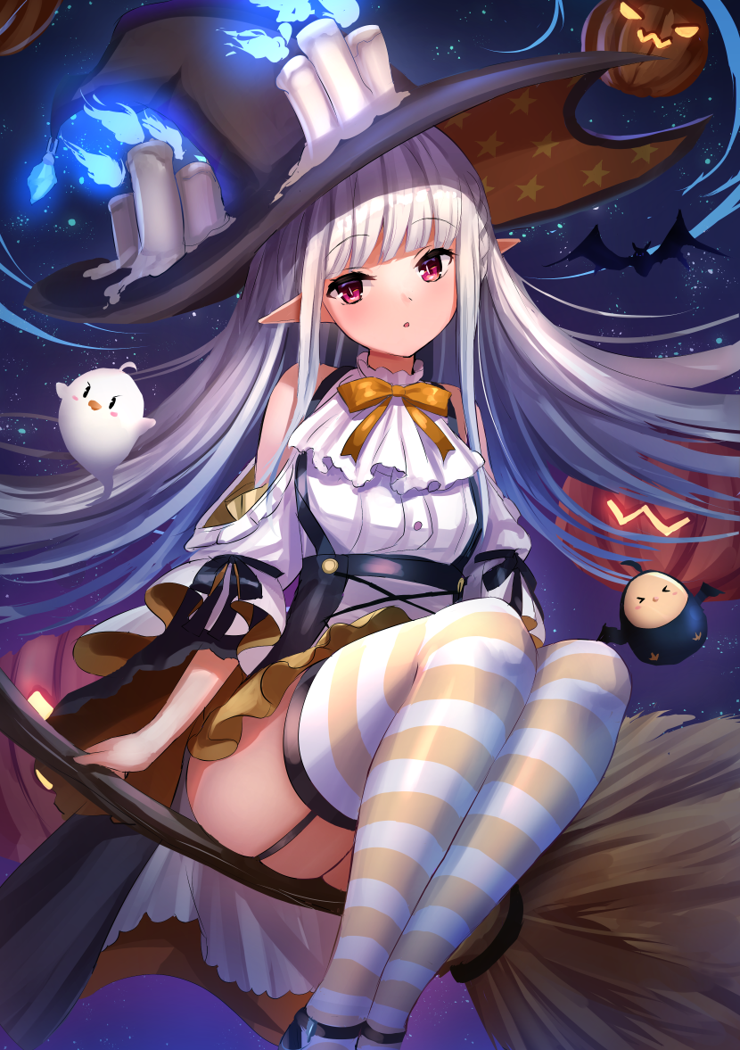 1girl ascot ass azur_lane bangs bat bird blue_fire blunt_bangs bow bowtie broom broom_riding candle cape chick commentary_request detached_sleeves erebus_(azur_lane) erebus_(wardrobe_witchery)_(azur_lane) eyebrows_visible_through_hair fire flying frilled_skirt frilled_sleeves frills garter_straps ghost halloween halloween_costume hat horizontal_stripes jack-o'-lantern long_hair long_sleeves looking_at_viewer manda_(manda9n) manjuu_(azur_lane) night night_sky official_alternate_costume parted_lips pointy_ears pumpkin red_eyes sidelocks skirt sky slit_pupils star_(sky) starry_sky striped striped_legwear white_hair witch_hat