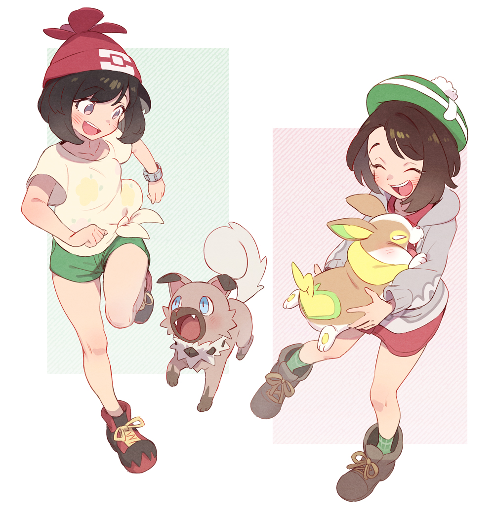 2girls :d bangs bare_legs beanie blush bob_cut boots bracelet brown_footwear brown_hair cable_knit cardigan closed_eyes commentary_request floral_print gloria_(pokemon) green_headwear green_legwear green_shorts grey_cardigan hat holding holding_pokemon hooded_cardigan jewelry knees leg_up multiple_girls open_mouth plaid plaid_legwear pokemon pokemon_(creature) pokemon_(game) pokemon_sm pokemon_swsh red_headwear rockruff selene_(pokemon) shirt shoes short_hair short_shorts short_sleeves shorts smile sneakers socks standing t-shirt tam_o'_shanter teeth tied_shirt toku_(ke7416613) tongue upper_teeth yamper