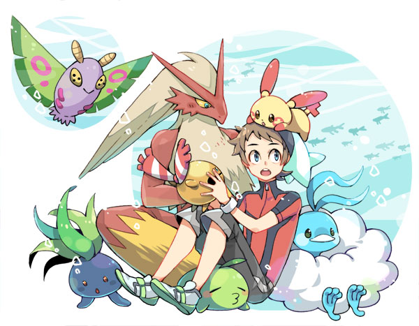 1boy altaria bangs beanie blaziken blue_eyes brendan_(pokemon) brown_hair capri_pants chingling commentary_request dustox gulpin hat holding holding_pokemon jacket male_focus oddish on_head open_mouth pants plusle pokemon pokemon_(creature) pokemon_(game) pokemon_on_head pokemon_oras shoes short_hair short_sleeves sitting teeth tongue upper_teeth white_headwear xichii zipper_pull_tab