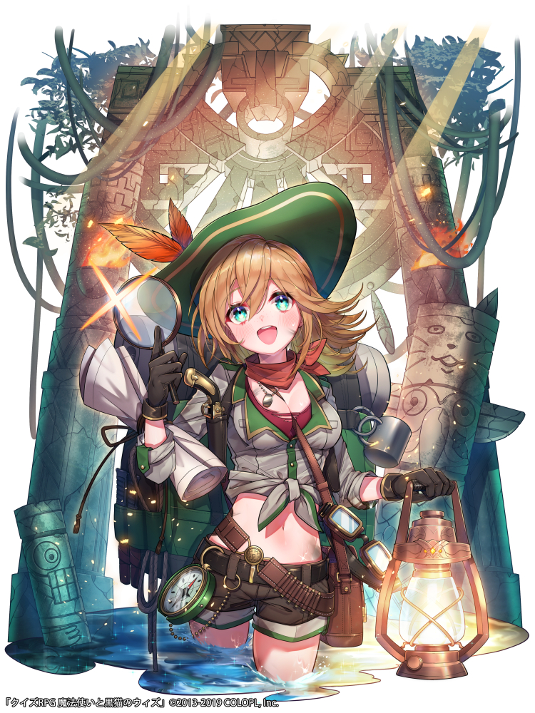 1girl :d bangs belt black_belt black_gloves blonde_hair blue_eyes blush bound breasts brown_shorts cleavage commentary_request cowboy_shot dog_tags eyebrows_visible_through_hair gloves green_headwear grey_jacket hair_between_eyes hat hat_feather head_tilt holding jacket kt._(kaisou-notagui) lantern large_breasts long_hair long_sleeves looking_at_viewer mahou_tsukai_to_kuroneko_no_wiz midriff navel open_mouth orange_feathers orange_scarf red_shirt scarf shiny shiny_hair shirt short_shorts shorts smile solo standing stomach sun_hat sunlight tied_up_(nonsexual) torn_clothes torn_shirt wading