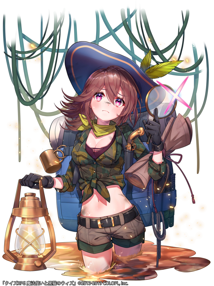 1girl bangs belt belt_buckle black_belt black_gloves black_shirt blue_headwear bound breasts brown_hair brown_shorts buckle cleavage closed_mouth commentary_request cowboy_shot eyebrows_visible_through_hair frown gloves green_feathers green_jacket hair_between_eyes hat hat_feather holding jacket kt._(kaisou-notagui) lantern large_breasts long_hair long_sleeves looking_at_viewer mahou_tsukai_to_kuroneko_no_wiz midriff navel red_eyes shiny shiny_hair shirt short_shorts shorts solo standing stomach sun_hat tied_up_(nonsexual) torn_clothes torn_shirt wading white_background