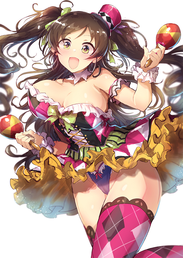1girl :d areola_slip areolae argyle argyle_legwear bare_shoulders blush bouncing_breasts bow breasts brown_hair choker cleavage dress drill_hair eyebrows_visible_through_hair frilled_dress frilled_skirt frills green_eyes hair_ornament hat highleg idolmaster idolmaster_cinderella_girls idolmaster_cinderella_girls_starlight_stage instrument kara_(color) large_breasts long_hair looking_at_viewer maracas no_bra nonomura_sora open_mouth ribbon simple_background skirt smile solo thighhighs twin_drills twintails very_long_hair white_background