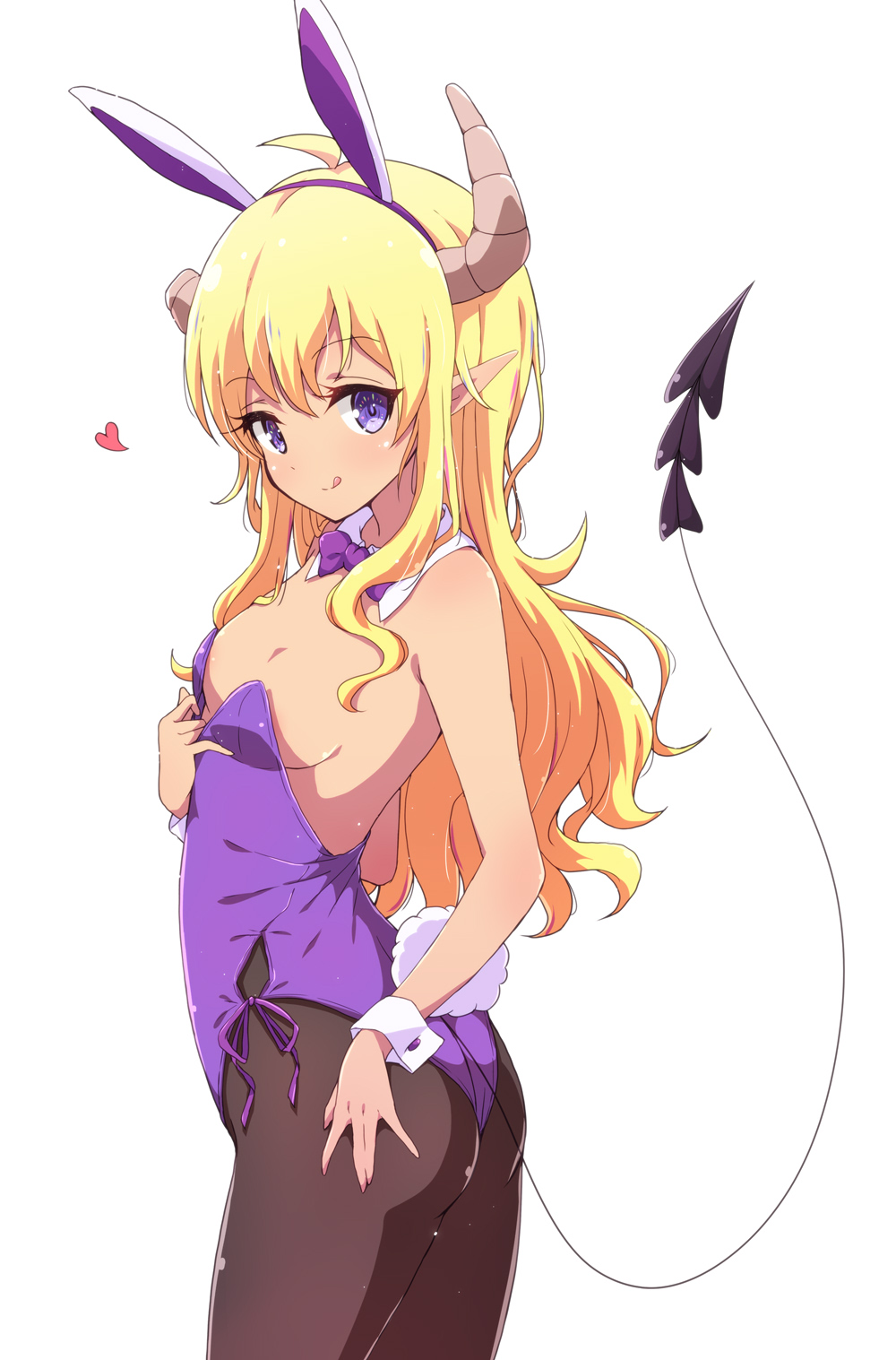 1girl :q ahoge animal_ears ass bare_shoulders black_legwear blonde_hair blush bow bowtie breasts cleavage dark-skinned_female dark_skin demon_girl demon_horns demon_tail detached_collar eyebrows_visible_through_hair fake_animal_ears heart highres horns leotard lilith_(machikado_mazoku) long_hair looking_at_viewer machikado_mazoku mel_(melty_pot) pantyhose playboy_bunny pointy_ears purple_eyes purple_leotard rabbit_ears rabbit_tail side-tie_leotard simple_background small_breasts solo strapless strapless_leotard tail tongue tongue_out white_background wrist_cuffs