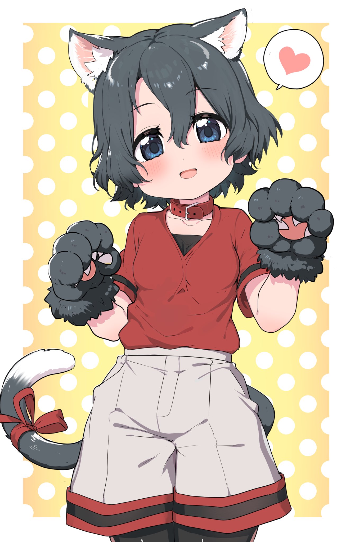 1girl :d animal_ear_fluff animal_ears animal_hands bangs black_hair black_legwear blue_eyes blush border breasts cat_ears cat_tail collar commentary eyebrows_visible_through_hair gloves gradient gradient_background grey_shorts hair_between_eyes hands_up head_tilt heart highres kaban_(kemono_friends) kemono_friends kemonomimi_mode looking_at_viewer no_hat no_headwear open_mouth orange_background outside_border pantyhose paw_gloves polka_dot polka_dot_background ransusan red_collar red_ribbon red_shirt ribbon shirt short_hair short_sleeves shorts simple_background small_breasts smile solo spoken_heart tail tail_ornament tail_ribbon white_border