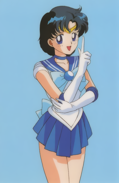 1990s_(style) 1girl :d bishoujo_senshi_sailor_moon blue_background blue_choker blue_eyes blue_hair blue_skirt blue_theme bow choker cowboy_shot elbow_gloves feet_out_of_frame gloves hand_up index_finger_raised leotard magical_girl miniskirt mizuno_ami official_art open_mouth plaid retro_artstyle sailor_mercury sailor_senshi sailor_senshi_uniform short_hair simple_background skirt smile solo standing tiara white_gloves