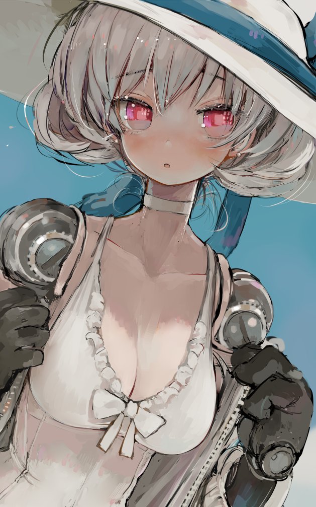 1girl android blue_background bow breasts choker cleavage dress ebimomo grey_hair hat hat_bow joints large_breasts looking_at_viewer medium_hair original parted_lips red_eyes robot_joints simple_background sleeveless sleeveless_dress solo sun_hat sundress white_choker white_headwear