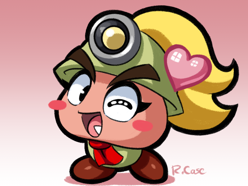 1girl ;d blonde_hair blush_stickers commentary english_commentary fang full_body goombella gradient gradient_background heart long_hair looking_at_viewer mario_(series) mining_helmet one_eye_closed open_mouth paper_mario paper_mario:_the_thousand_year_door red_neckwear robert_j_case signature simple_background smile solo